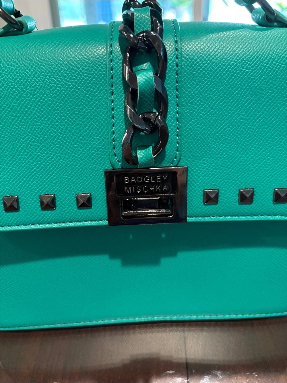 Badgley Mischka Teal Green Studded Top-Handle Satchel